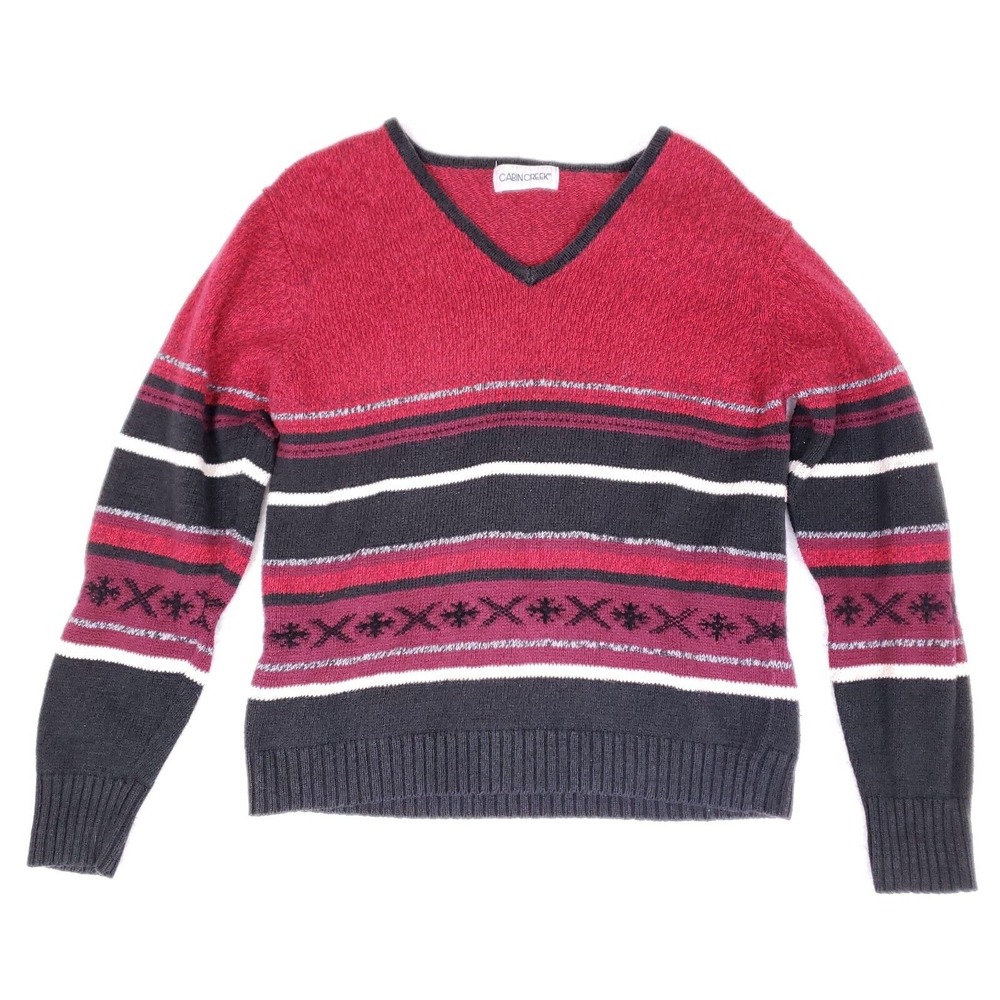 Cabin Creek Fair Isle Knit Sweater Women Medium Red Black Boho Cozy Wintercore